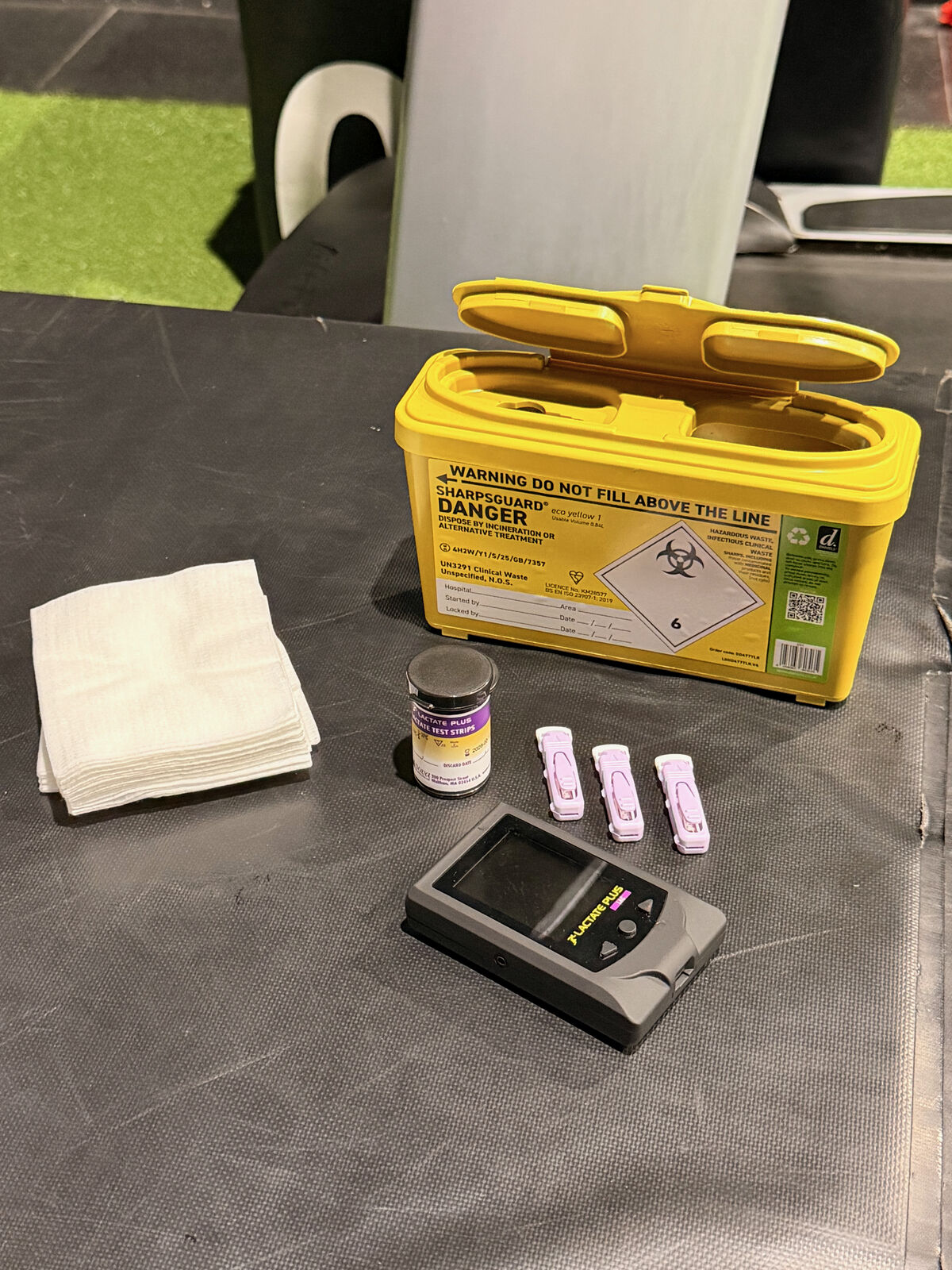 Blood lactate testing kit: a Lactate Plus meter, test strips, lancets, gauze and a sharps bin